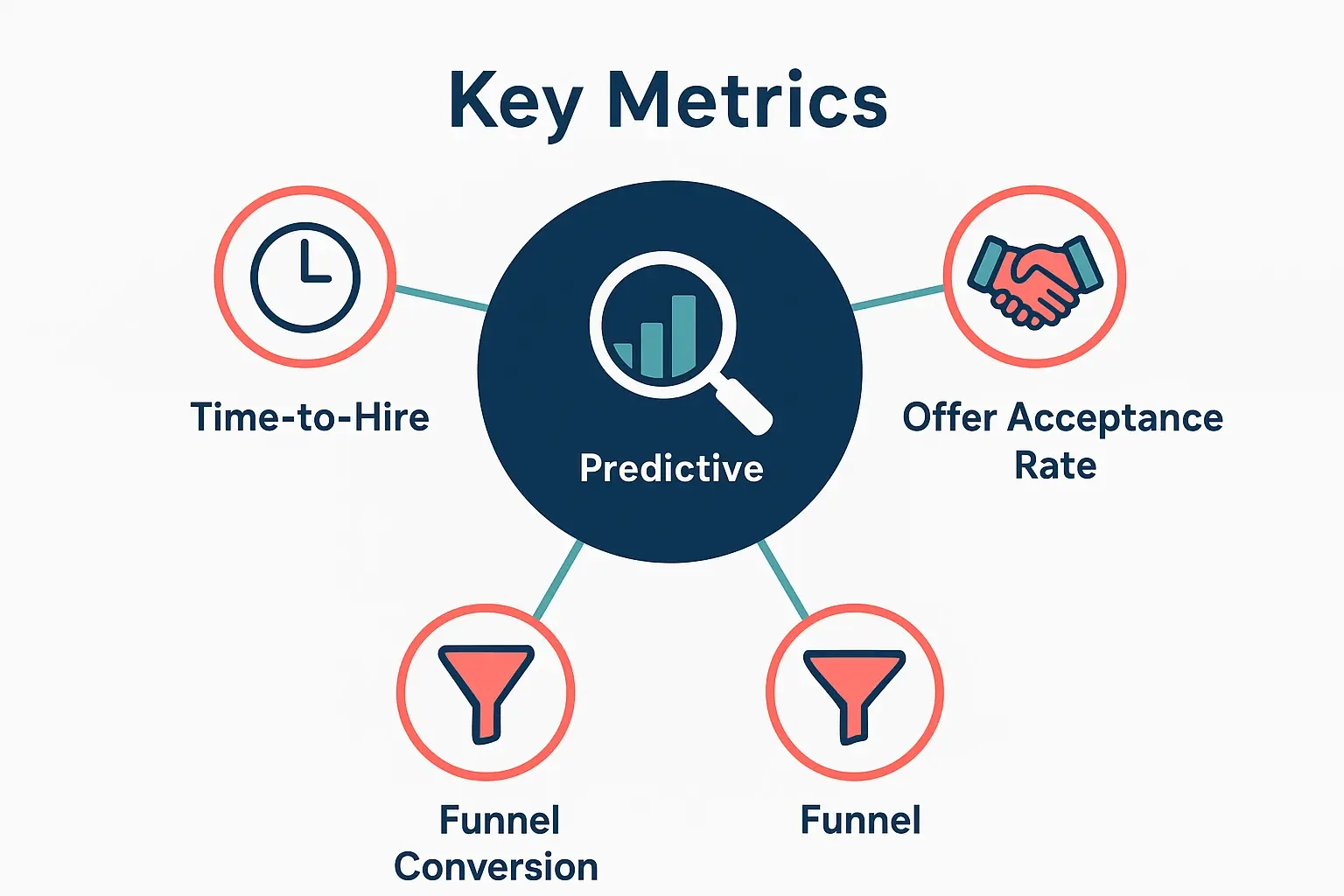 This diagram introduces the foundational recruitment metrics vital for predictive analytics, visually connecting time-to-hire, offer acceptance rates, and funnel conversion to overall forecasting.
