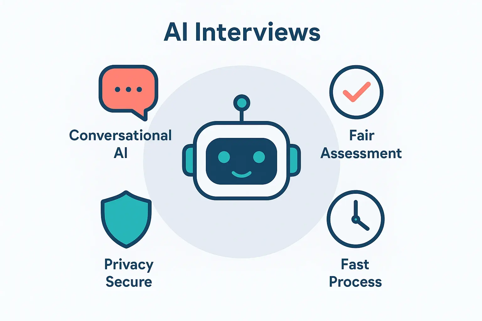 An infographic explaining the core components of modern AI interviews, such as fairness, speed, conversational AI, and data privacy.