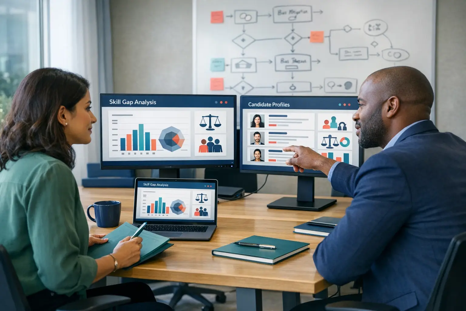 A diverse team of HR professionals gathered around a computer, collaboratively reviewing AI-generated candidate profiles and skill gap analysis reports, demonstrating the synergy between technology and human expertise.