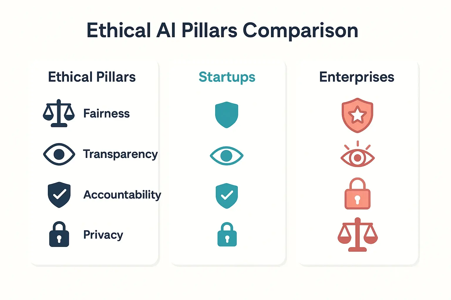 A side-by-side comparison illustrating how startups and enterprises approach core ethical AI pillars differently in recruitment.