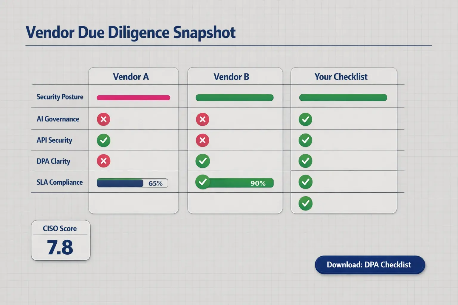 Side-by-side vendor comparison highlighting security, AI governance, API controls, DPA clarity, and SLA compliance to speed procurement decisions.