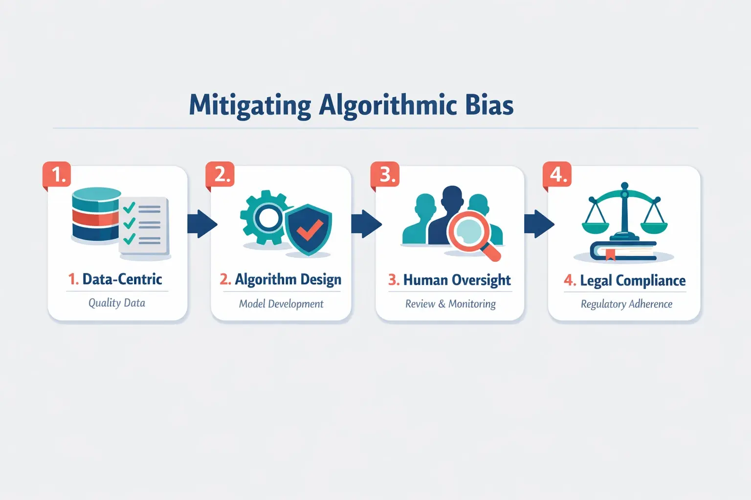 A diagram showing four key pillars for mitigating AI bias: Diverse & Clean Data, Fairness-Aware Algorithm Design, Continuous Human Oversight, and Legal & Ethical Frameworks.