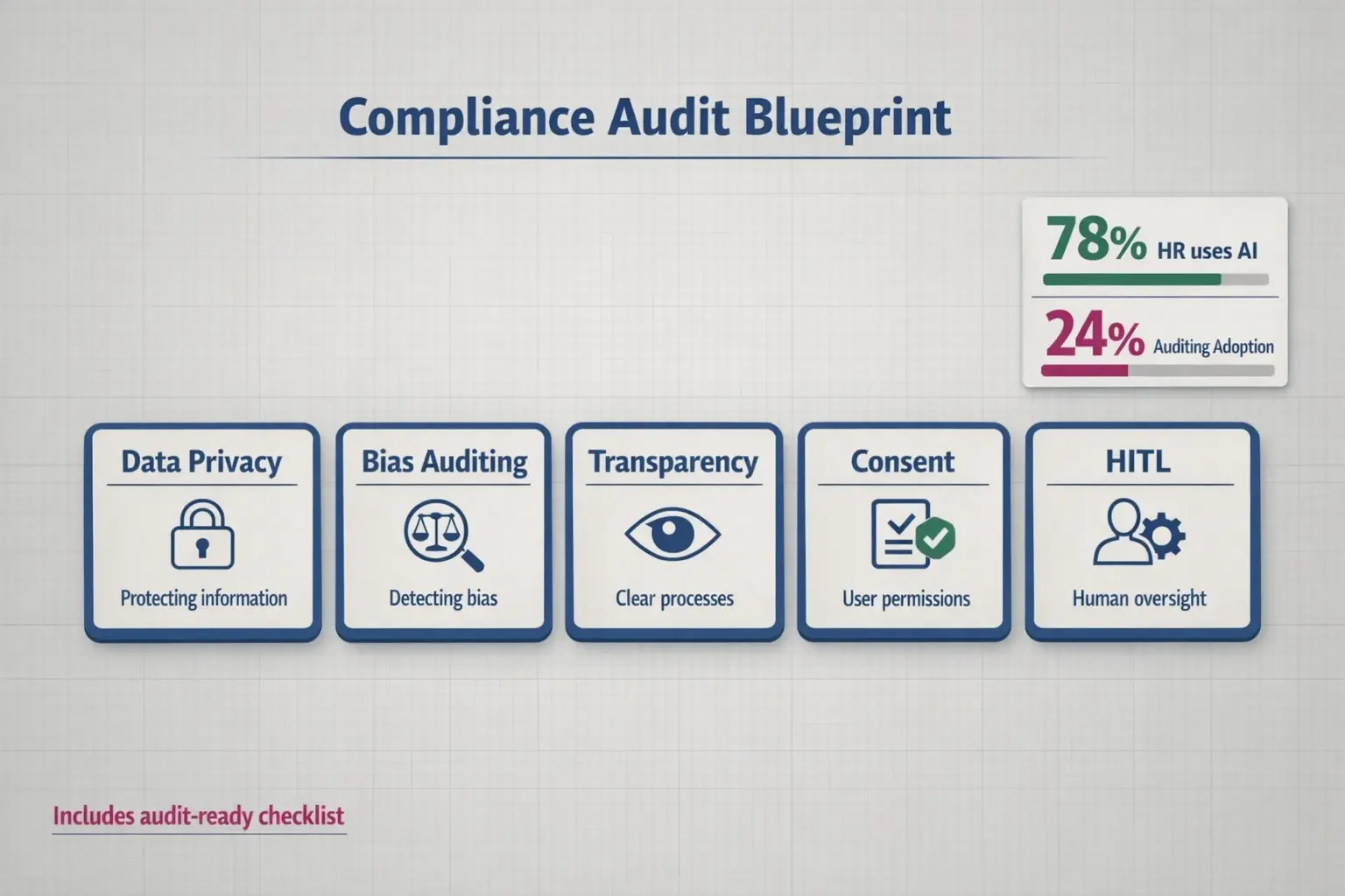 The Compliance Audit Blueprint maps five core pillars and highlights adoption gaps ("78% use vs 24% audited"), making the operational urgency visible to HR leaders.