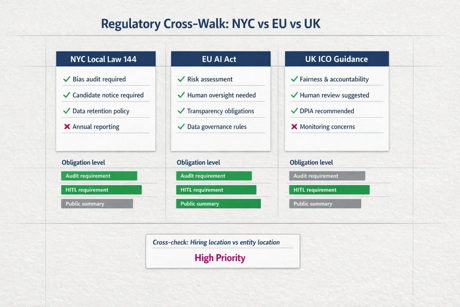 A clear NYC vs EU vs UK comparison highlighting mandatory audits, HITL obligations, and jurisdictional priority to support regulatory decisions.