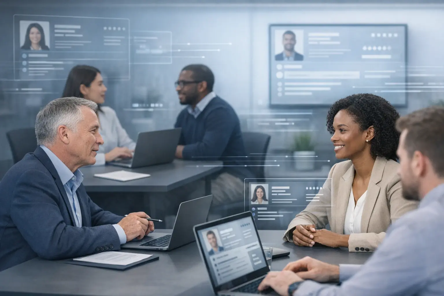 Recruitment professionals managing high-volume candidate communication with human-centric AI support in a modern office environment.