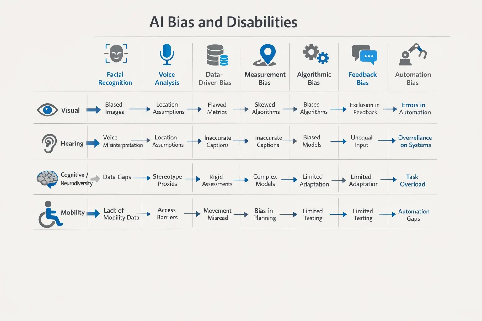 Visualizing AI bias: Mapping how different types of algorithmic bias can impact candidates with disabilities during AI interviews.