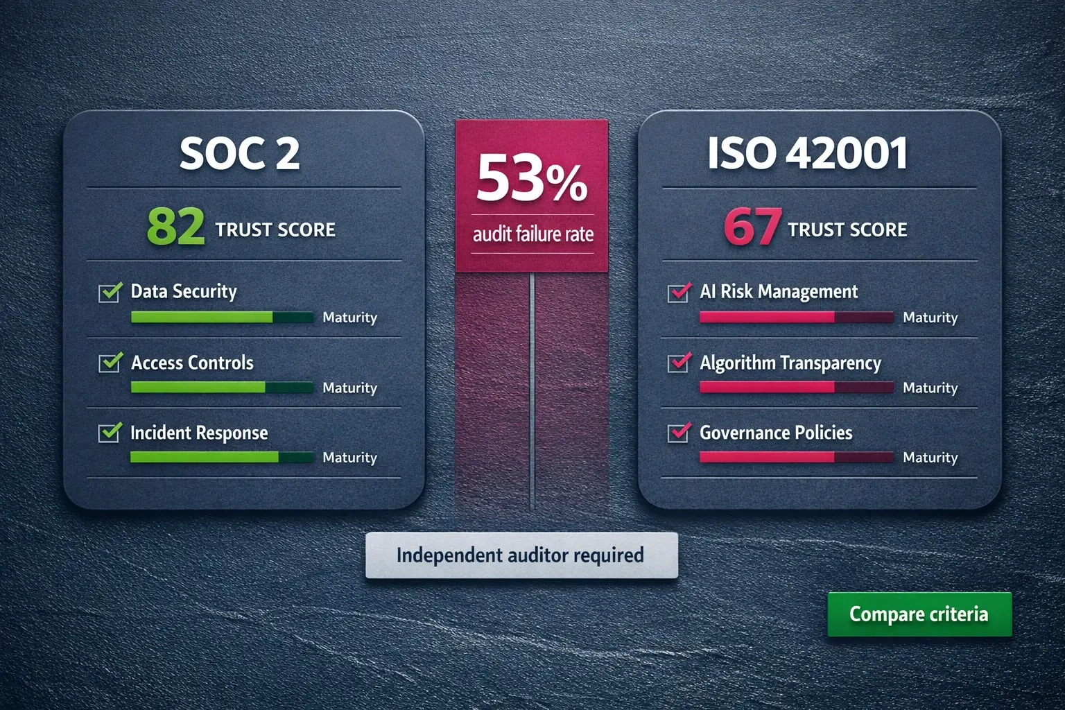 Compare SOC 2 and ISO 42001 side-by-side with maturity bars and a central '53% audit failure rate' indicator to prioritize audit readiness.