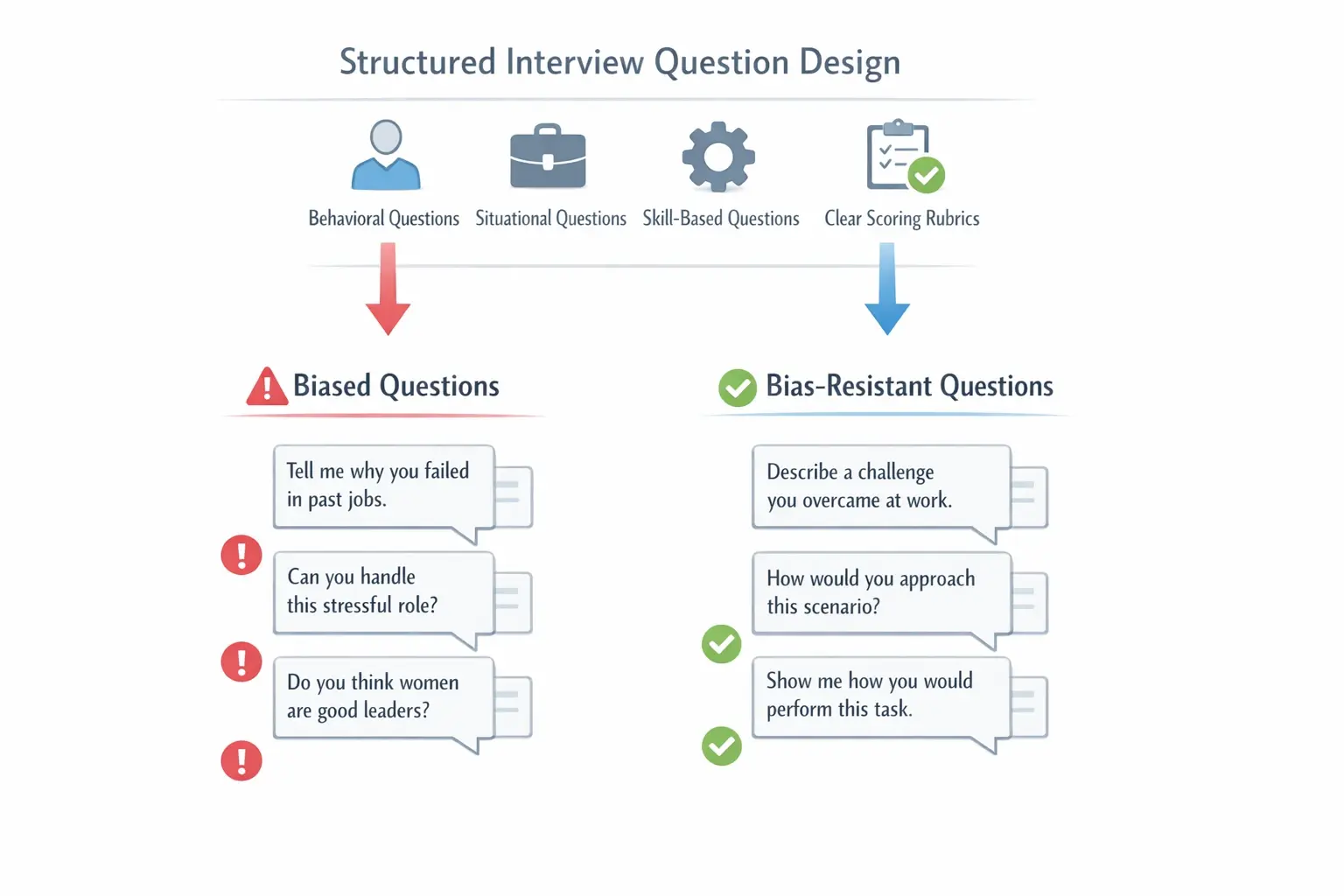 Diagram illustrating key principles differentiating biased and bias-resistant interview questions by type and structure.