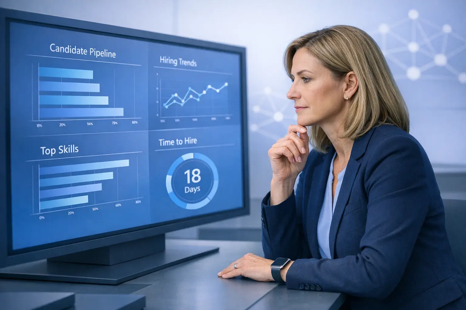 An HR leader evaluates recruitment ROI metrics on a matte touchscreen, illustrating the strategic shift beyond traditional time to hire measurements.