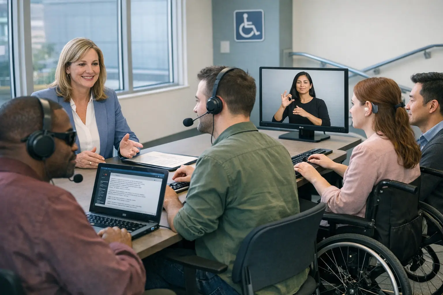 Inclusive AI interviews in action: A diverse group of candidates engage with accessible AI hiring technology, highlighting practical accommodations and empathetic HR support.