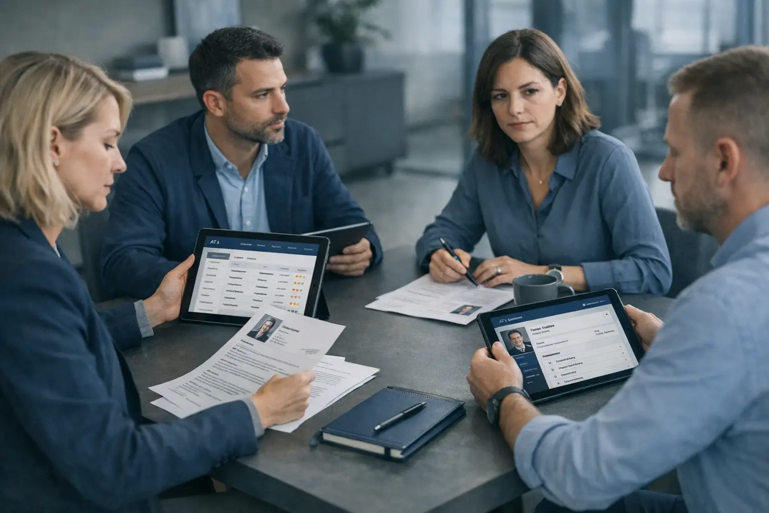 Recruiters balancing technology and teamwork in surge hiring scenarios, showcasing human resilience and strategic implementation.