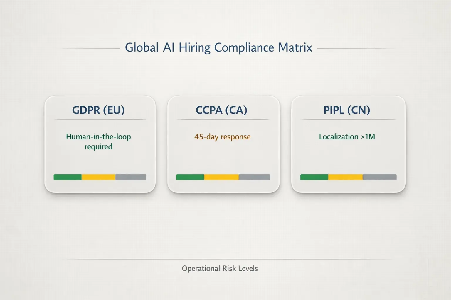 A side-by-side compliance matrix showing one-line takeaways for GDPR, CCPA and PIPL—designed for quick jurisdictional decisions by hiring managers.