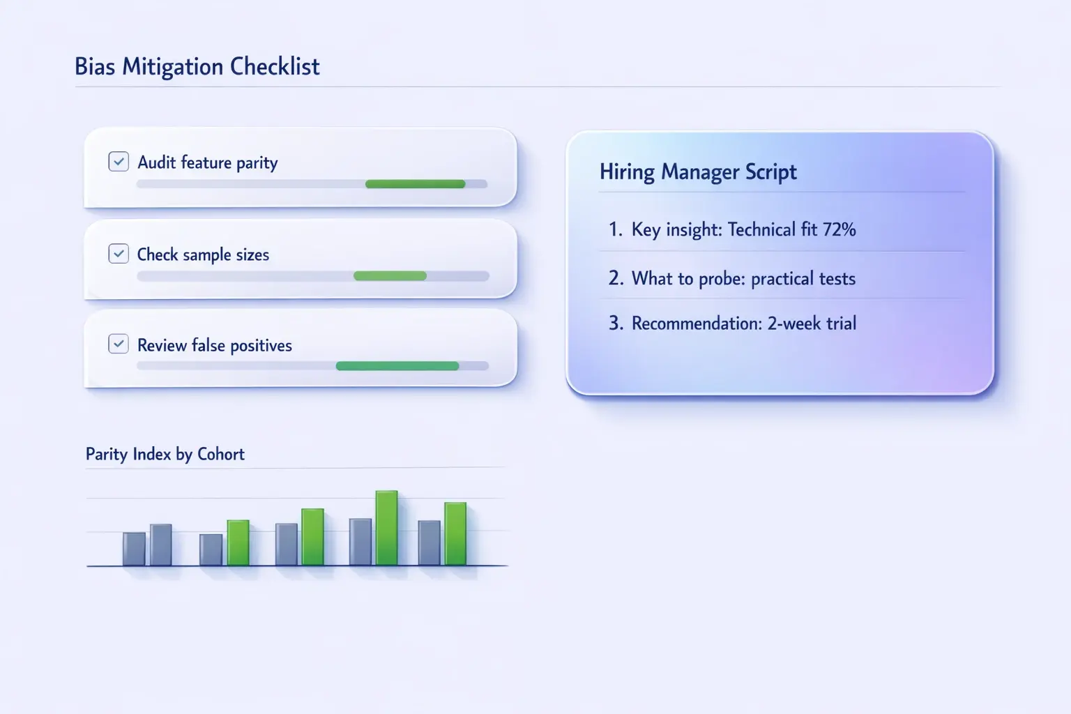 Audit analytics for bias and hand off results with a concise, three-bullet script that makes AI insights actionable and defensible for hiring managers.