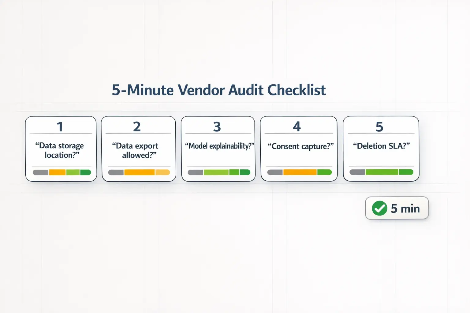 A concise 5-question vendor audit presented as numbered cards with readiness bars—built for quick vendor vetting during procurement.