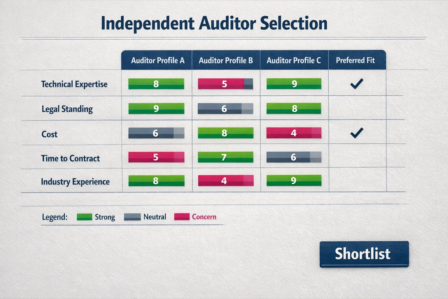 A comparison matrix to shortlist independent auditors—balances technical depth, legal weight, cost, and time to contract for procurement decisions.