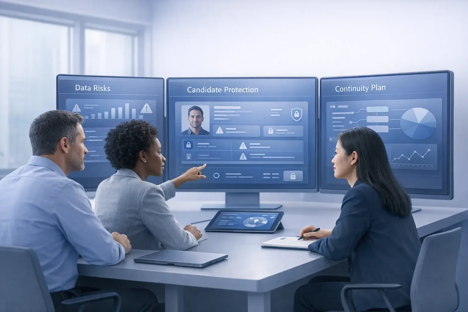 A recruitment team collaboratively assessing risks to candidate data, highlighting the crucial need for disaster recovery planning tailored to recruitment.