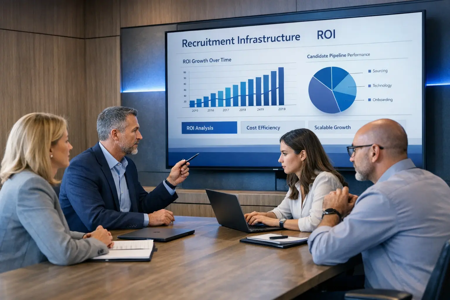 Cross-functional team leveraging advanced ROI dashboards to jointly assess and optimize recruitment infrastructure investments in a real world setting.