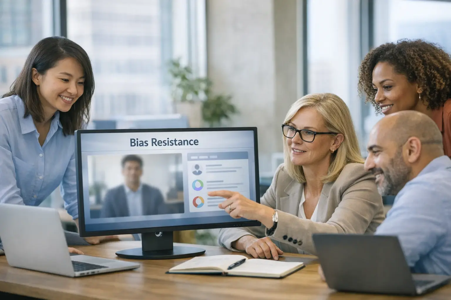 An HR team collaboratively designing bias-resistant AI interview templates, representing diverse roles and inclusive hiring practices.